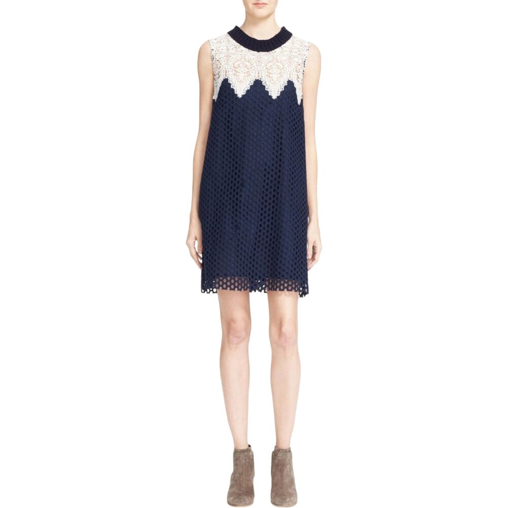 Sea New York Navy Lace Yoke Eyelet Shift Dress Mock Neck Rib Collar Sz 6 Small